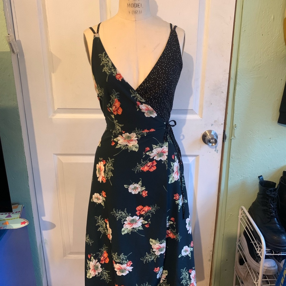 Topshop Floral & Polka Dot Mixed Print Wrap Midi Sleeveless Dress
